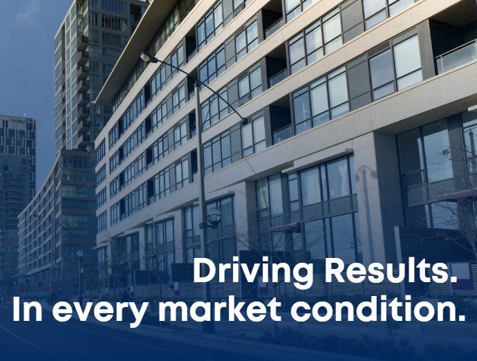 Mid-rise residential condominium building in Ontario with the caption: Driving Results. In every market condition.